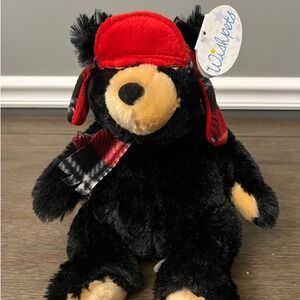 Wishpets Black Bear Plush With Buffalo Plaid Trapper Hat Swing Tag